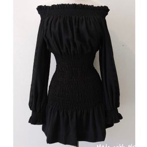 Black off shoulder dress with mesh sleeves and top